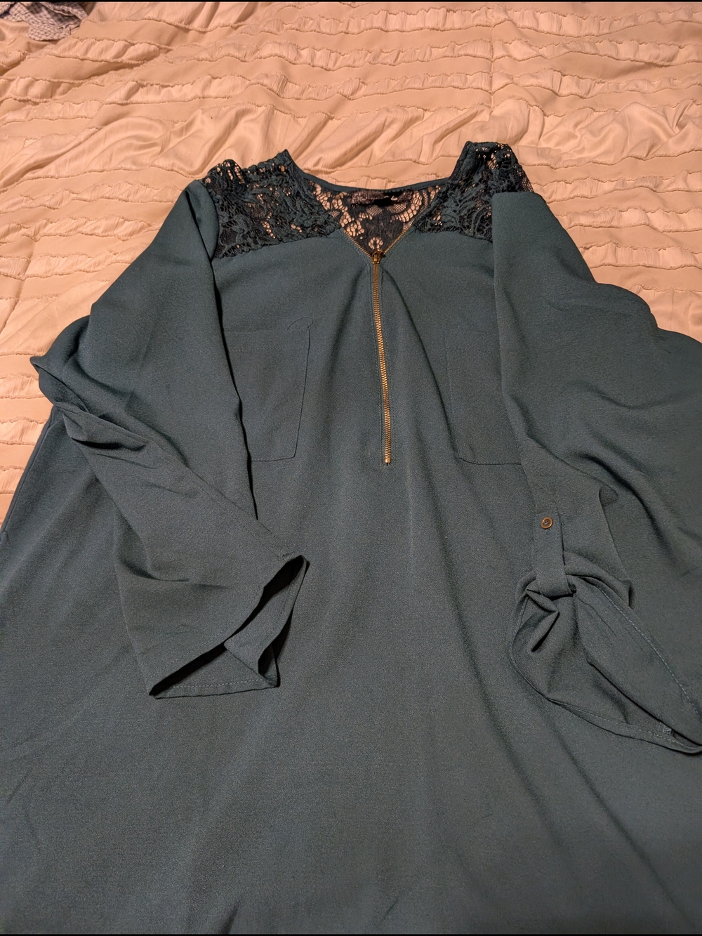 Lace Yoke Zip-Front Blouse in Dark Teal